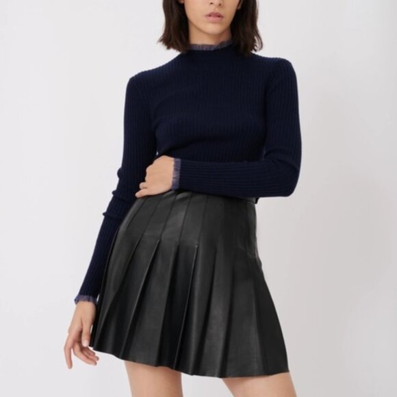 MAJE Ribbed Knit Turtleneck Sweater Wool Blend Metallic Trim Navy Blue Small - Picture 1 of 12